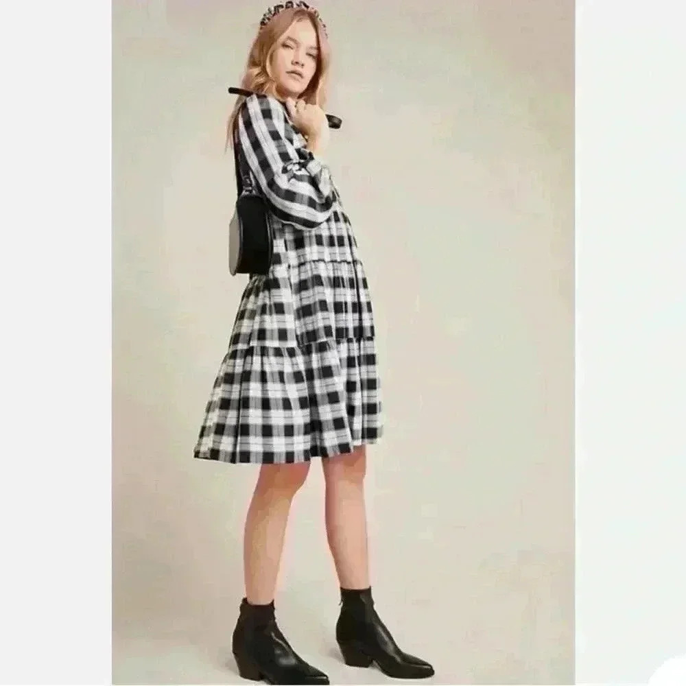 ANTHROPOLOGIE Amber Plaid Tiered Tunic Dress MAEVE Sz S